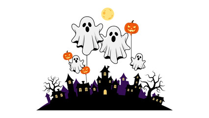Enchanting Halloween Scene: A playful ensemble of ghosts and pumpkins frolic amidst a spooky silhouette of haunted houses under the watchful glow of a full moon.