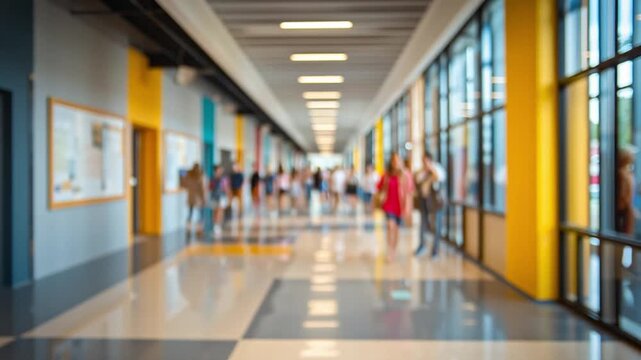 Students move through a brightly colored school hallway, engaged in conversations and activities. The modern interior features large windows that bring in natural light.
