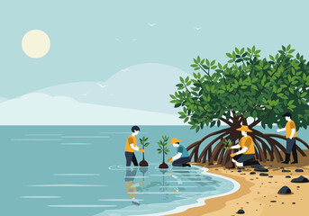 Community tree planting event coastal shoreline illustrative eco-friendly environment aerial view sustainability concept