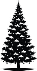 Silhouette of decorated Christmas tree with ornaments and snow accents in black and white, festive vector for seasonal holiday design