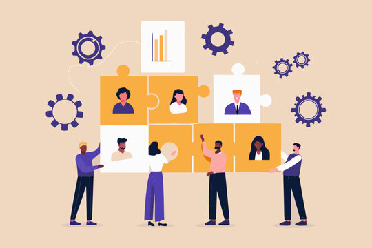 Diverse team members assembling a puzzle representing business growth and human resources strategy