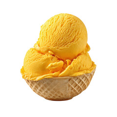 Delicious yellow ice cream scoops in a waffle cone served for a sunny dessert