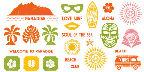 Tropical paradise beach vibes collection with palm trees surfboard tiki mask and aloha text