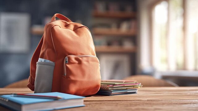A bright orange backpack rests on a wooden table beside a stack of colorful books. Sunlight streams through a window in a comfortable and inviting school setting.
