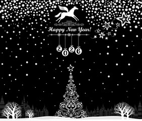 Happy new year 2026! Year of horse. Celebration background with Christmas Landscape,  Christmas tree, town and place for your text. Winter season vacation concept. Vector Illustration 