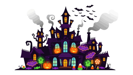 Spooky Halloween Haunted House Illustration: An illustration of a chilling haunted house, ready for Halloween festivities, featuring bats, pumpkins, candy, and eerie smoke billowing from its chimneys.