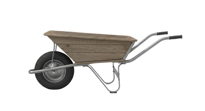 Wooden wheelbarrow with metal frame and rubber tire isolated PNG with Transparent Background