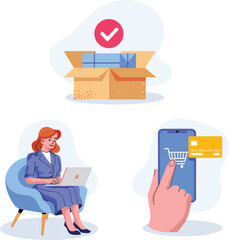 Woman shopping online with laptop, mobile e-commerce payment, digital purchase confirmation, delivery service, online shopping concept, package received illustration