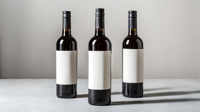 Three dark glass wine bottles with blank labels image