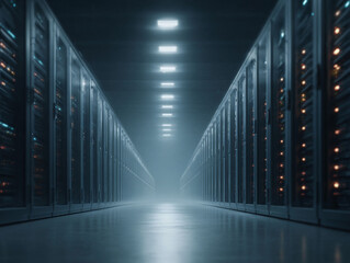 A server room corridor, filled with racks, implies connectivity, processing, and storage. It evokes concepts of big data, cloud computing, and cybersecurity.