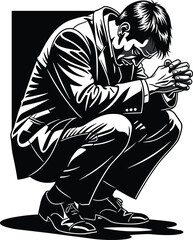 Silhouette of man crouching in deep thought, symbolizing stress, reflection, emotion, solitude, prayer, mental struggle, and personal introspection