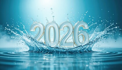 Clean 2026 numbers made of glass splashing in blue water with a bright background, symbolizing a clear future