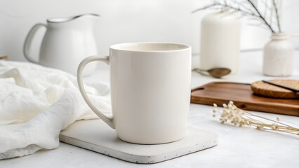 White ceramic mug on a textured white surface with kitchenware