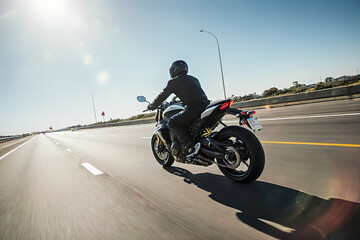 A motorcyclist on a sports bike rides on the freeway.created with the help of artificial intelligence.