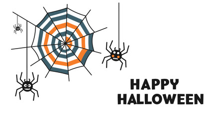 Cute Happy Halloween greeting banner with cartoon spiders and colorful striped spiderweb illustration