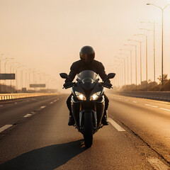 A motorcyclist on a sports bike rides on the freeway.created with the help of artificial intelligence.