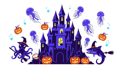 Spooky Castle and Halloween Symbols: An illustrated Halloween scene with a haunted castle, playful sea creatures, and carved pumpkins create a fun, festive vibe.