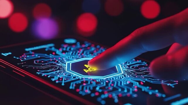 Finger interacting with AIAGENT on a glowing circuit board smartphone