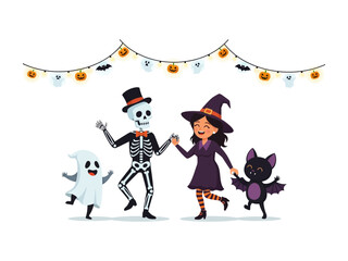 Whimsical Halloween Dance: A joyful group of Halloween characters dance, bathed in the eerie glow of pumpkin lights, capturing the enchanting spirit of a spooky celebration.