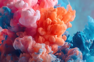 Fototapeta premium Abstract Ink Cloud Bursting with Vivid Colors of Orange Pink and Blue Creating a Dreamlike Underwater Scene