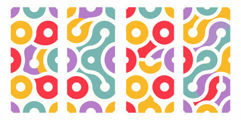 Abstract geometric seamless pattern with colorful rounded shapes and connecting lines on white background