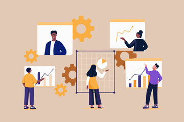 Diverse team collaborating on data analysis and business growth strategies with charts and graphs