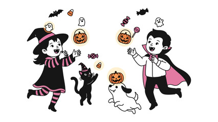 Halloween Fun: Charming illustration of kids dressed in playful costumes, reveling in the festive spirit, surrounded by iconic Halloween symbols and treats.