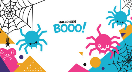 Cute Halloween Spiders and 'BOOO!' Text on a Colorful Geometric Background