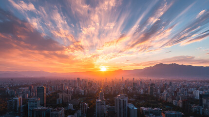 Obraz premium Sunset over a sprawling city skyline with mountains in the distance