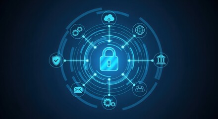 Cyber security concept with padlock and icons digital data protection
