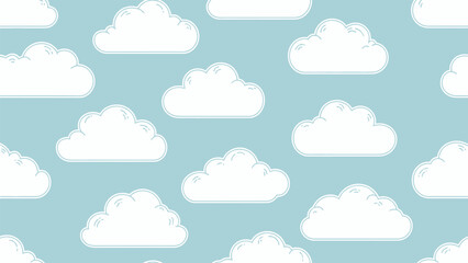 A seamless repeating pattern of cute, fluffy white cartoon clouds against a light blue sky background.