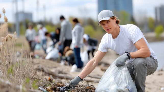 A young person in white attire collects trash along a rocky landscape, contributing to a community cleanup effort with others