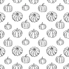 Hand drawn seamless pattern with pumpkins isolated on white. Hand drawn vector sketch illustration in vintage charcoal ink. Halloween wrapping paper design, tissue print, autumn