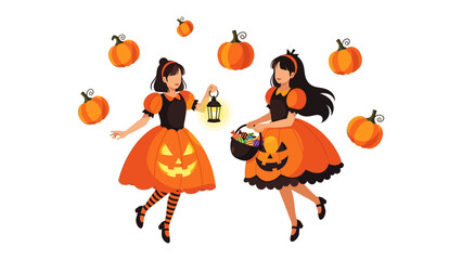 Obraz premium Whimsical Halloween: Two girls in festive pumpkin costumes dance and play amongst floating pumpkins and festive decorations.