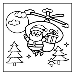 Fototapeta premium Christmas coloring page with festive holiday elements, Holiday season coloring page with Santa, gifts, and snowflakes, Black and white Christmas illustration with winter decorations