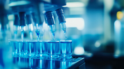 Laboratory equipment dispensing blue liquid into test tubes during a scientific experiment in a research facility