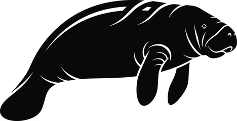 Stylized manatee silhouette in black and white vector, showcasing marine wildlife, gentle nature, and aquatic conservation symbolism