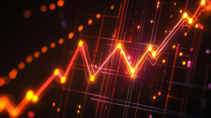 Dynamic financial market trends represented by colorful line graph with vibrant lights in a digital space
