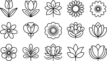 “Elegant Garden Flower Silhouette Icons Including Lotus and Sunflower”