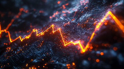 Dynamic financial market trends represented by colorful line graph with vibrant lights in a digital space