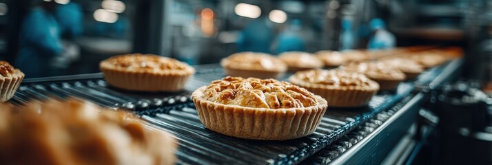 Freshly baked pies cooling on a conveyor belt in a bustling bakery during the afternoon shift