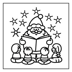 Christmas coloring page with festive holiday elements, Holiday season coloring page with Santa, gifts, and snowflakes, Black and white Christmas illustration with winter decorations