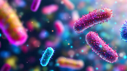 Colorful representation of bacteria cells under a microscope in a scientific lab at late afternoon