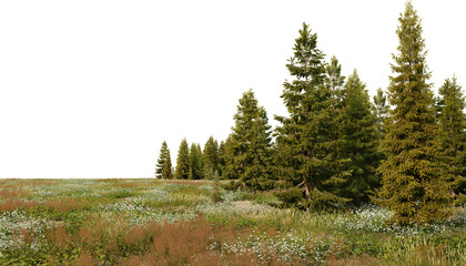 3D render panorama view of grasslands and pine forest on a transparent background