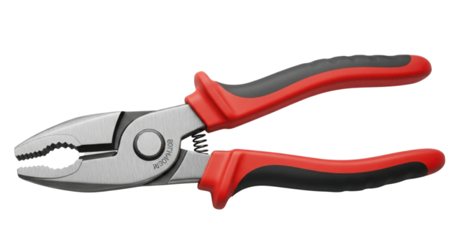 Close-up of slip joint pliers with red and black handles isolated PNG with Transparent Background