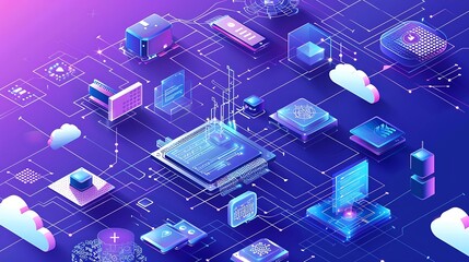 Isometric representation of cloud computing and networking with interconnected digital elements