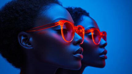 Two individuals showcase vibrant style with bold sunglasses under colorful lighting at an evening event