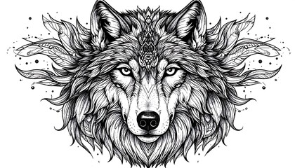 A detailed monochrome illustration features a frontal view of a wolf's face, enhanced with ornamental feather-like designs radiating outwards