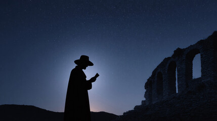 Mysterious figure in silhouette against a starlit sky near ancient ruins. Evokes contemplation, history, and adventure. Ideal for book covers, articles, or mystery concepts.