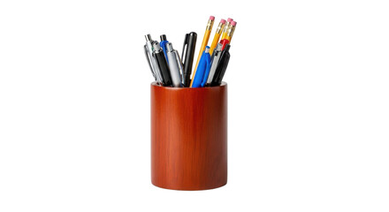 Pencils and pens in a brown desk tidy isolated PNG with Transparent Background